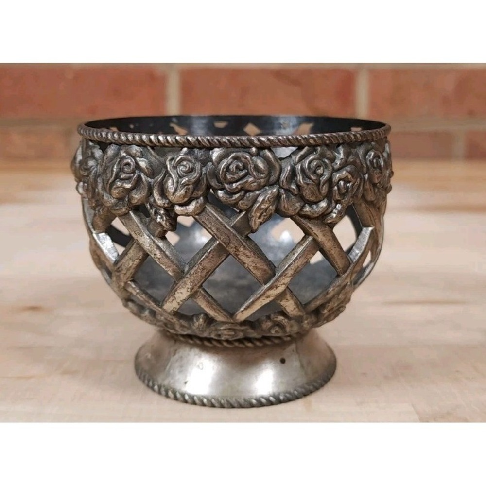 Pewter‎ Bowl Lattice Grate Flowers / Rope Design 3 Inches